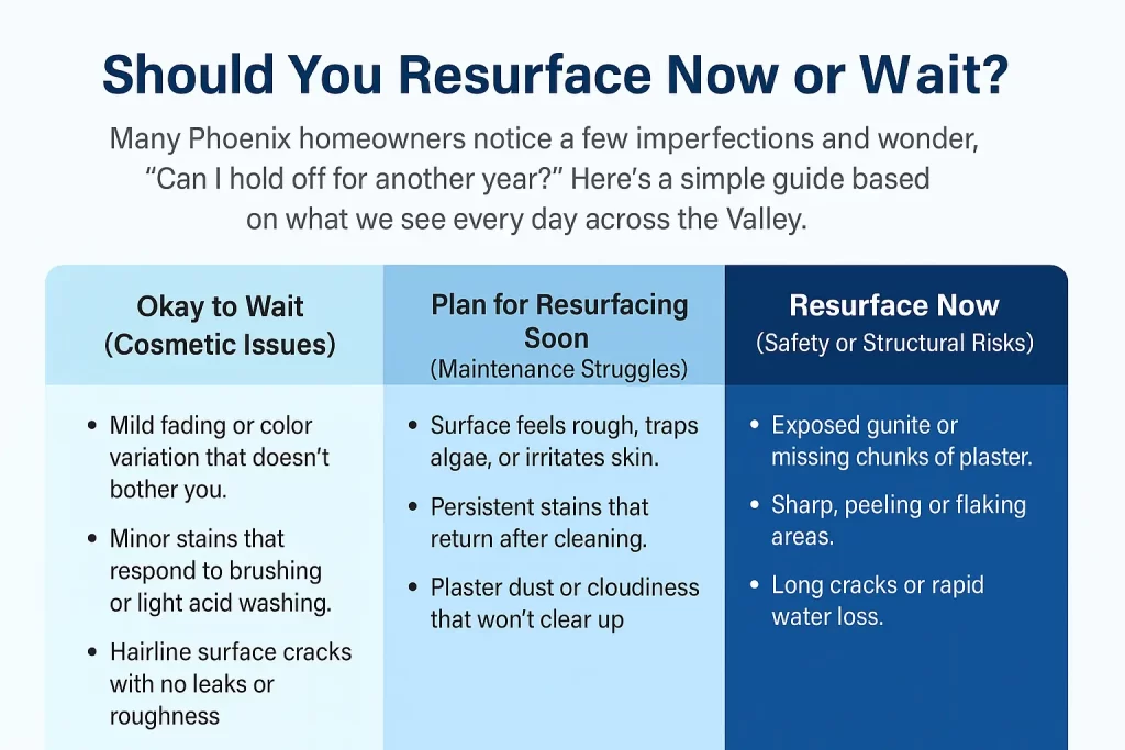 A chart detailing when the best time to resurface pool is based on material condition.